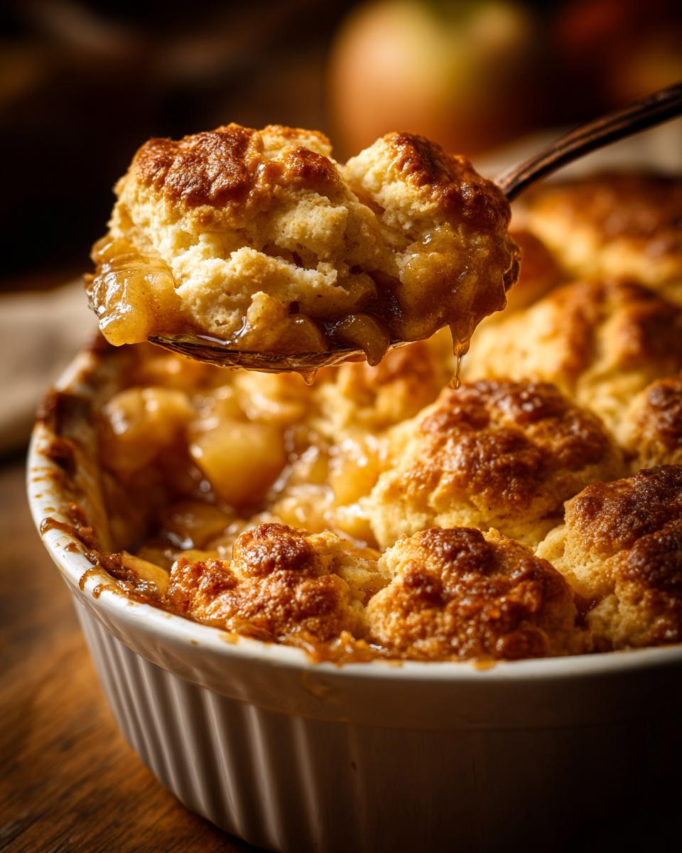 A spoonful of warm apple cobbler being lifted from a white baking dish, showing juicy apples and a golden biscuit topping.