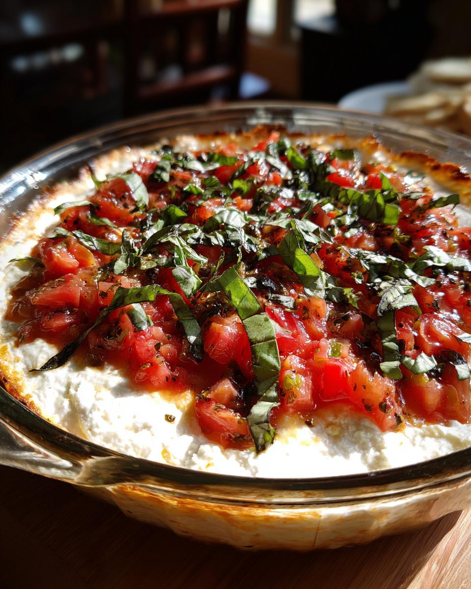 Close-up of a warm, baked bruschetta dip featuring creamy white cheese topped with diced tomatoes and fresh basil.