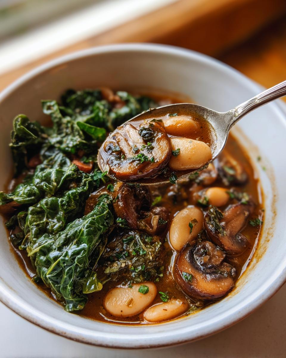 A spoonful lifted from a bowl of rich white bean mushroom stew, showing beans, sliced mushrooms, and kale.