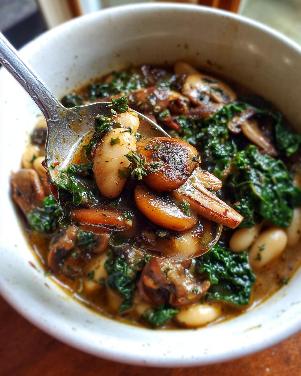 A spoonful lifted from a bowl showing white bean mushroom stew with sautéed mushrooms and dark leafy greens.