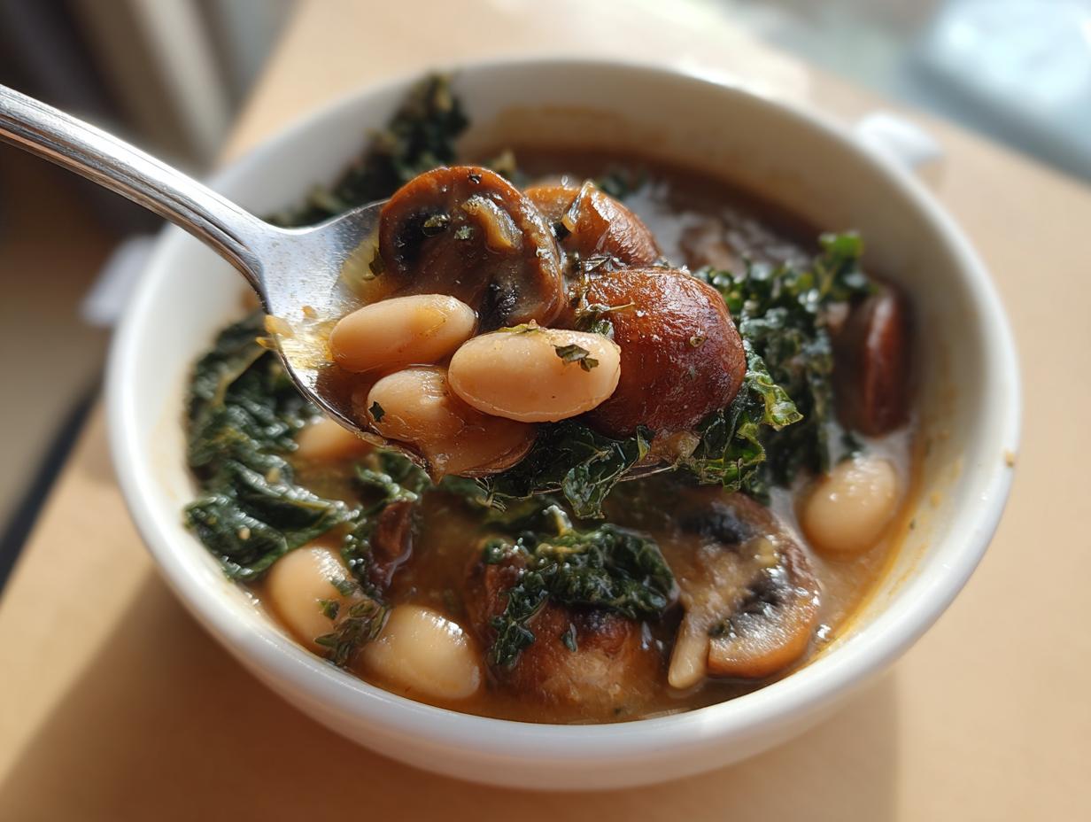 A spoonful of rich white bean mushroom stew featuring white beans, dark mushrooms, and green kale.