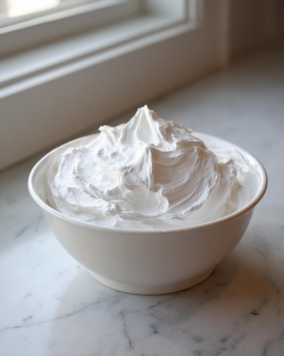 A white bowl filled with freshly made, stiff peaks of bright white royal icing recipe.