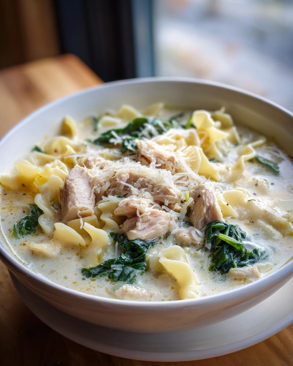 A close-up of a hearty bowl of white chicken lasagna soup featuring pasta, chunks of chicken, spinach, and grated Parmesan cheese.
