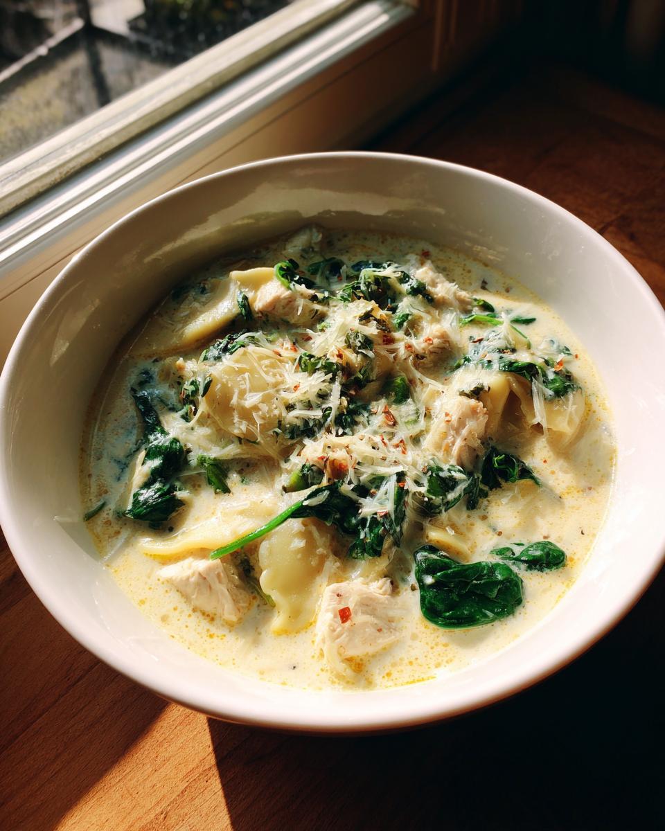 A creamy bowl of white chicken lasagna soup, featuring pasta, chicken chunks, spinach, and topped with grated Parmesan cheese.