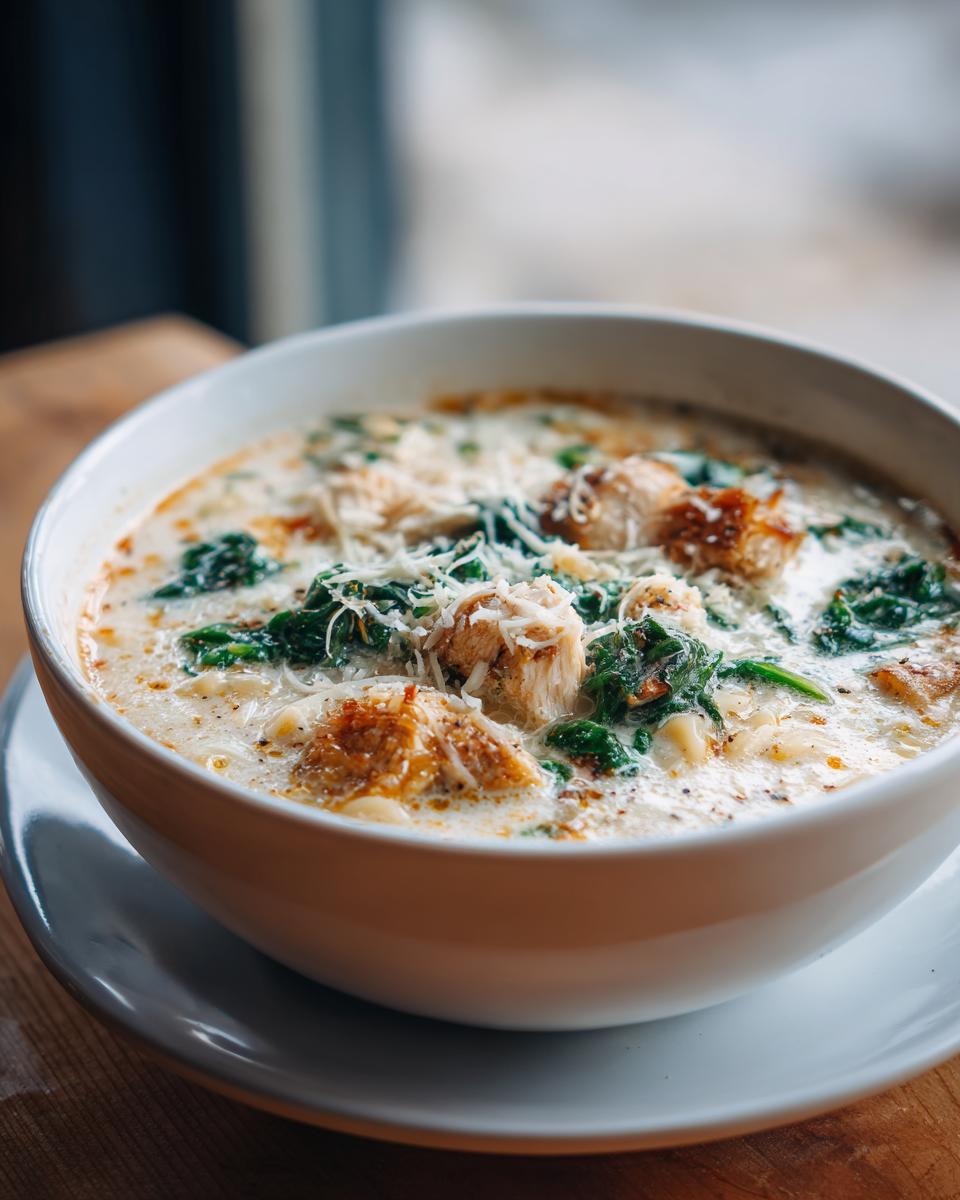 Close-up of a bowl of white chicken lasagna soup with chunks of chicken, spinach, and grated cheese topping.