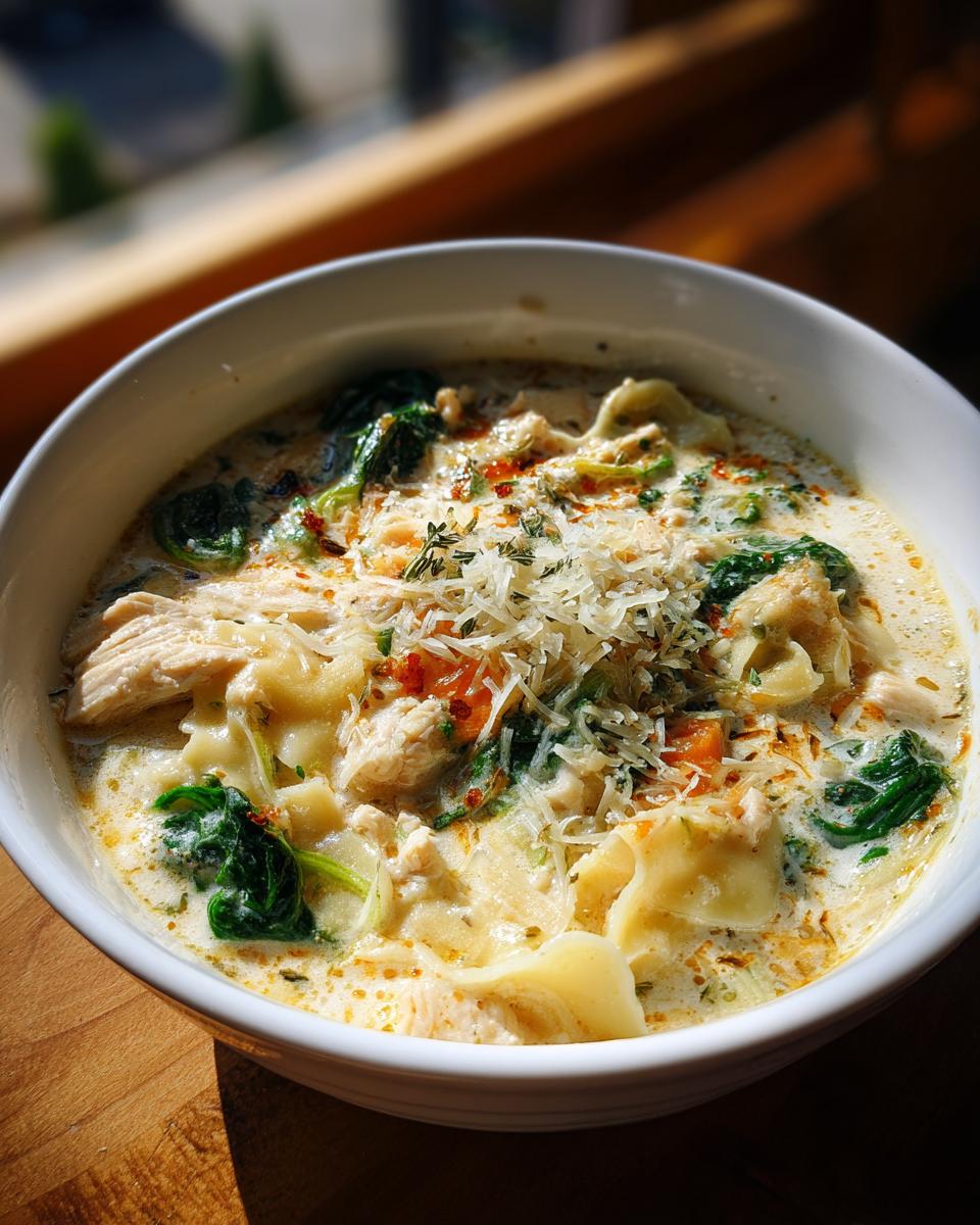 A close-up of a hearty bowl of white chicken lasagna soup topped with shredded parmesan and spinach.