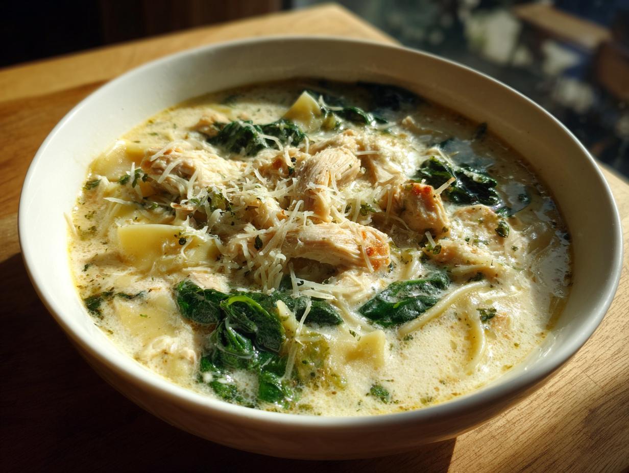 A close-up of a bowl of creamy white chicken lasagna soup topped with shredded chicken, spinach, and Parmesan cheese.