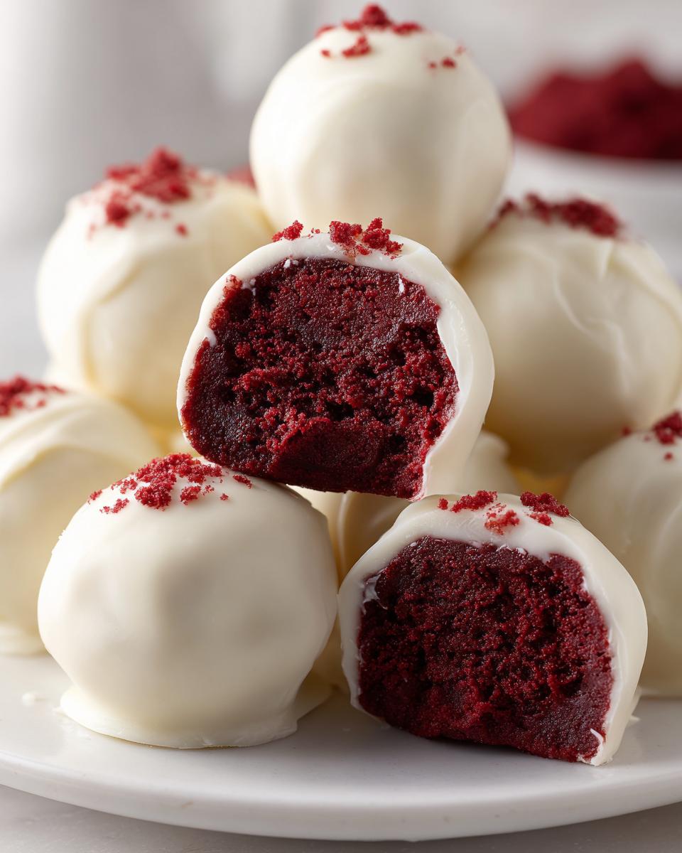 Close-up of white chocolate coated red velvet cake balls, one is cut in half showing the deep red interior.