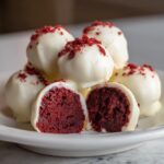 A stack of white chocolate-dipped red velvet cake balls, one cut in half showing the rich red interior.