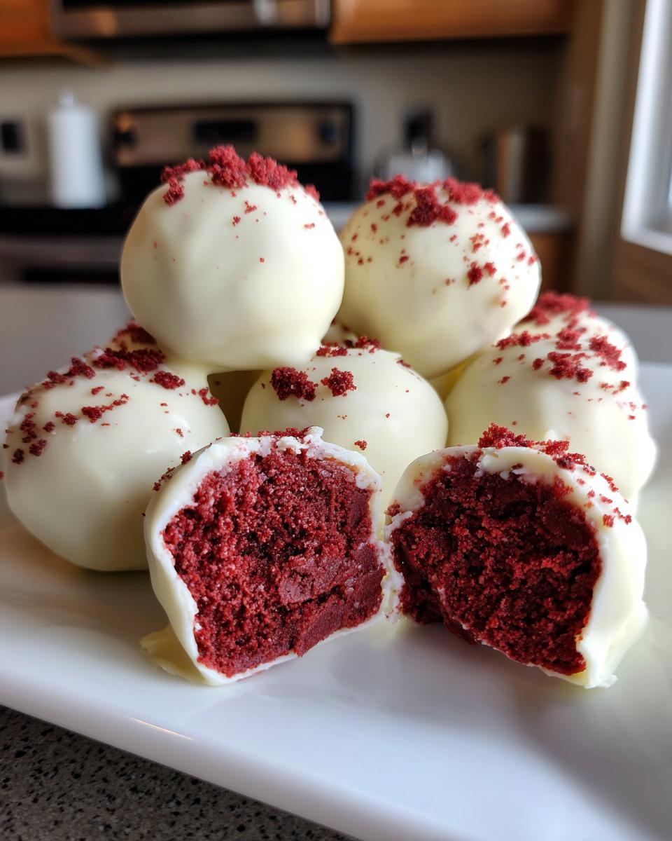 Close-up of white chocolate coated red velvet cake balls, one cut open showing the rich red interior.