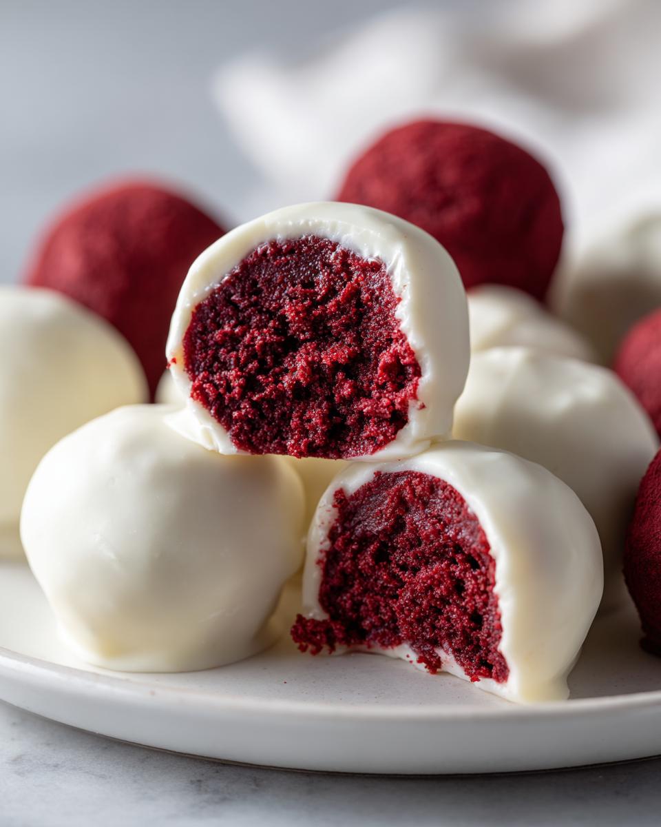 Close-up of white chocolate coated red velvet cake balls, one cut in half showing the deep red interior.