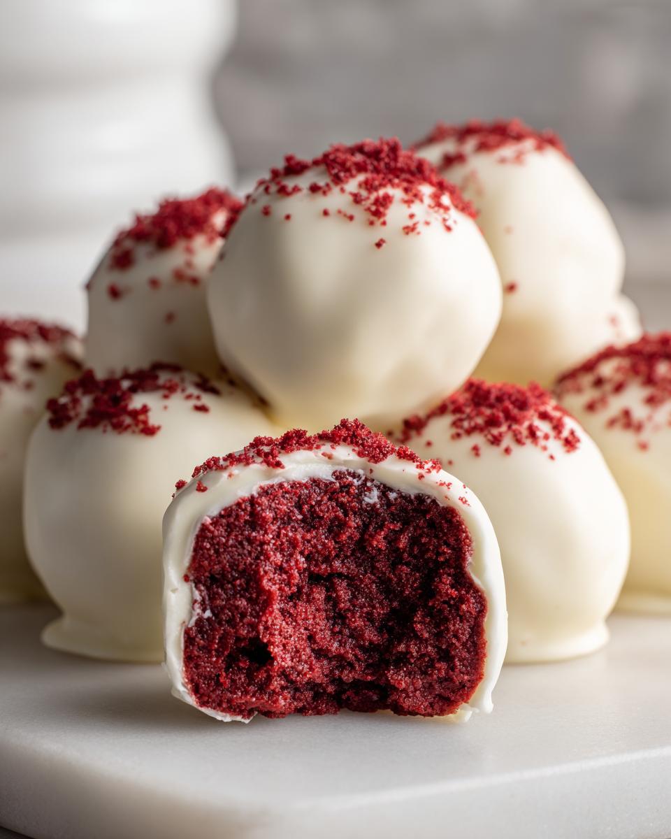 A stack of white chocolate coated red velvet cake balls, one cut in half showing the rich red interior.