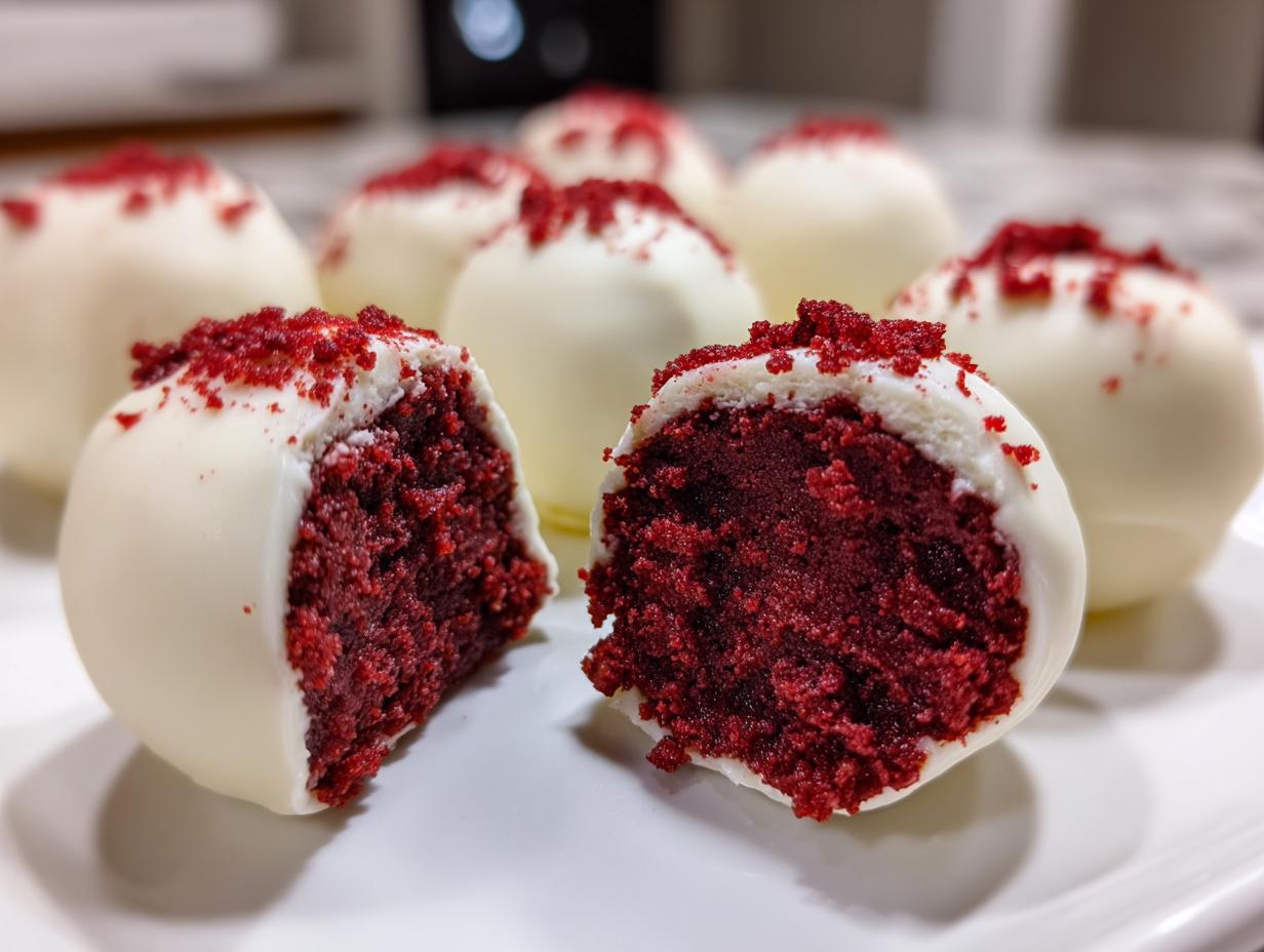 Close-up of white chocolate coated red velvet cake balls, one cut open revealing the rich red interior.