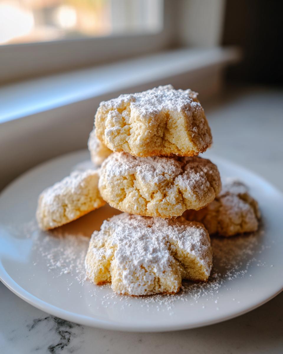 A stack of golden 3-ingredient butter cookies heavily dusted with powdered sugar, served on a white plate.