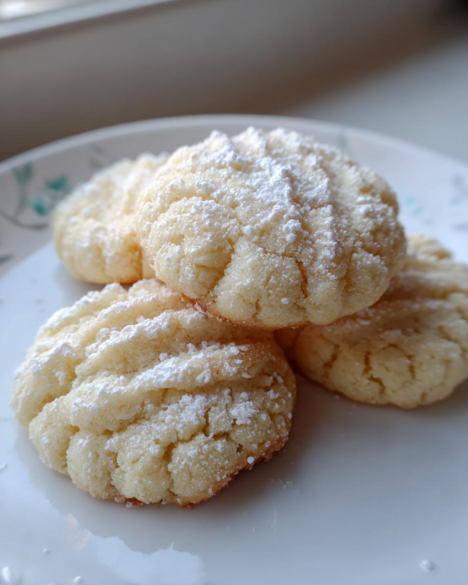 Close-up of several 3-ingredient butter cookies stacked on a white plate, topped with powdered sugar.