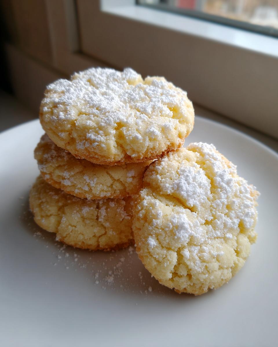 A stack of four golden 3-ingredient butter cookies generously dusted with powdered sugar on a white plate.