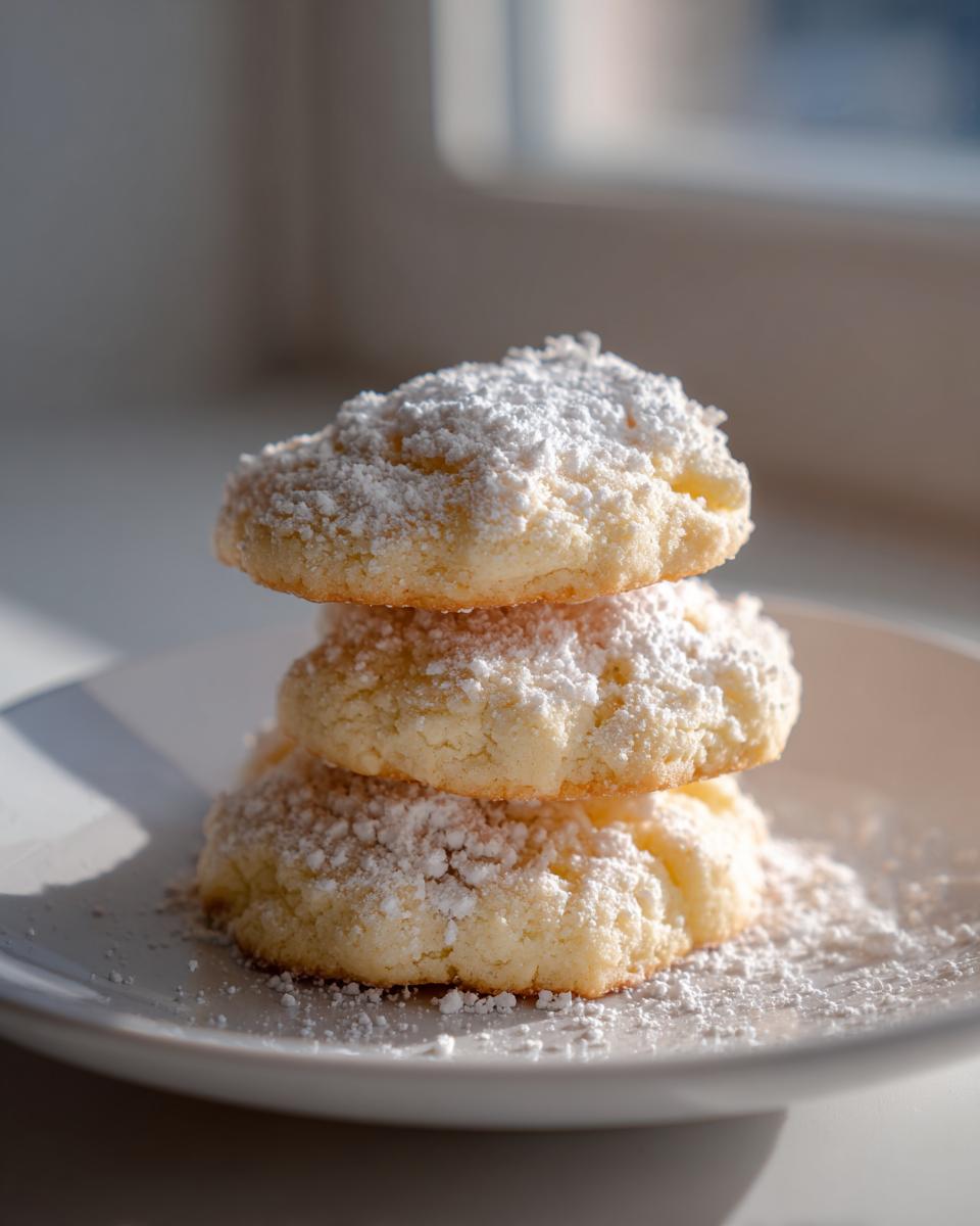 A stack of three soft 3-ingredient butter cookies generously dusted with white powdered sugar.