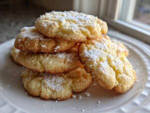 A stack of golden brown 3-ingredient butter cookies generously dusted with powdered sugar on a white plate.