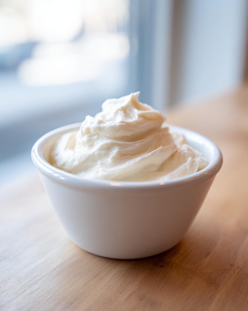Close-up of creamy white 3-ingredient fruit dip swirled high in a small white bowl.