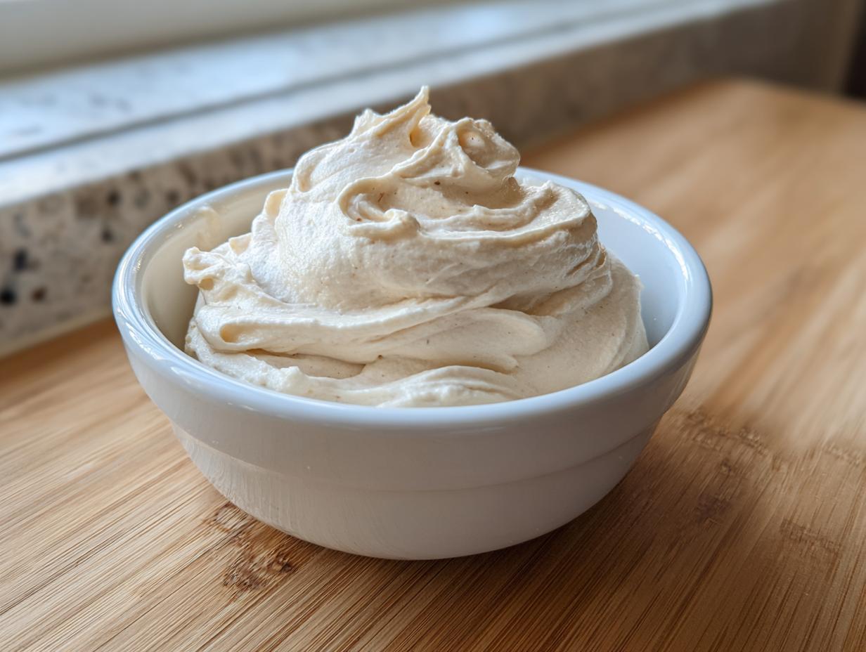 A close-up of creamy, swirled 3-ingredient fruit dip served in a small white bowl on a wooden surface.