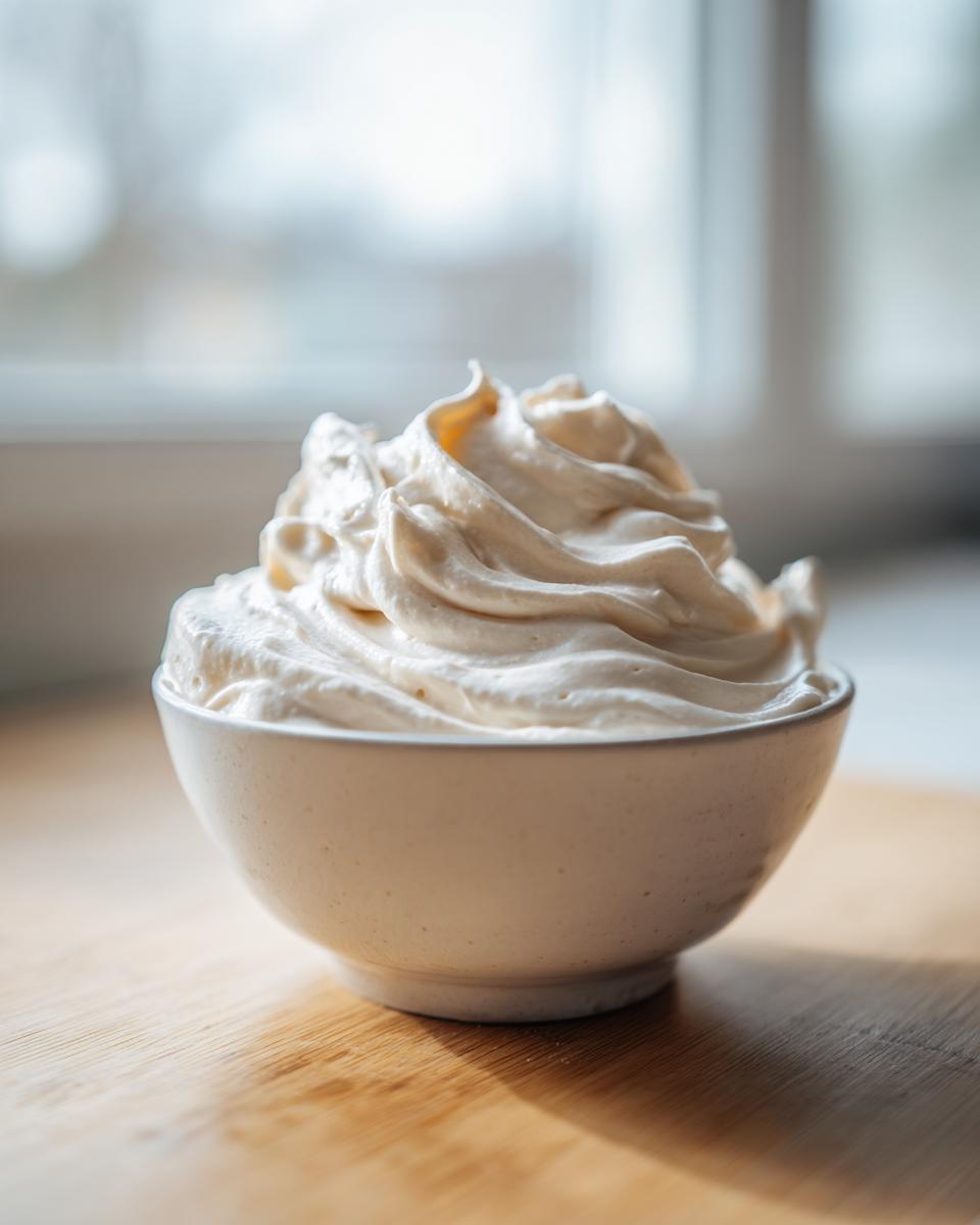 A small white bowl filled with beautifully swirled, creamy 3-ingredient fruit dip, set on a wooden surface.