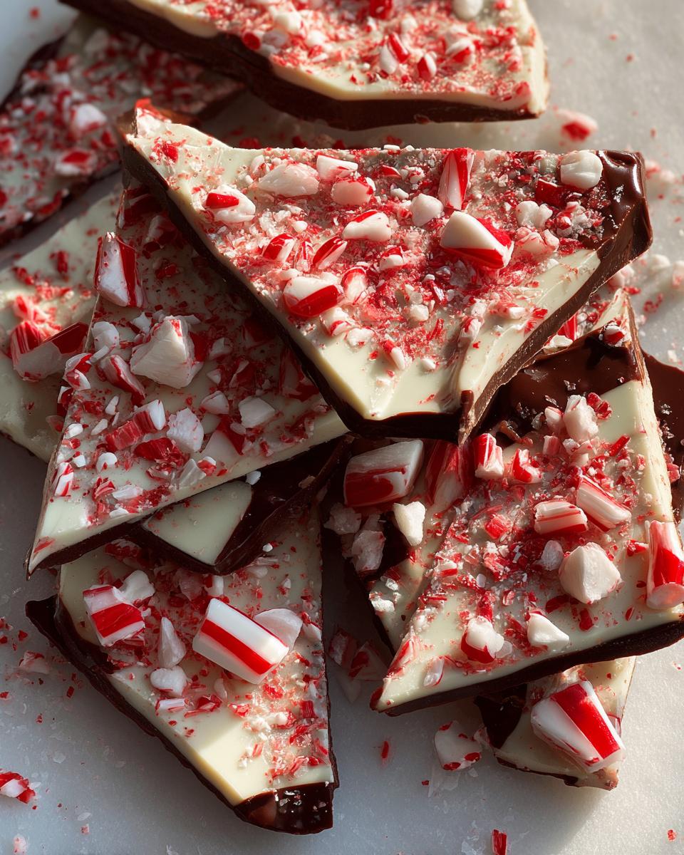 Close-up of broken pieces of layered chocolate peppermint bark recipe topped with crushed candy canes.
