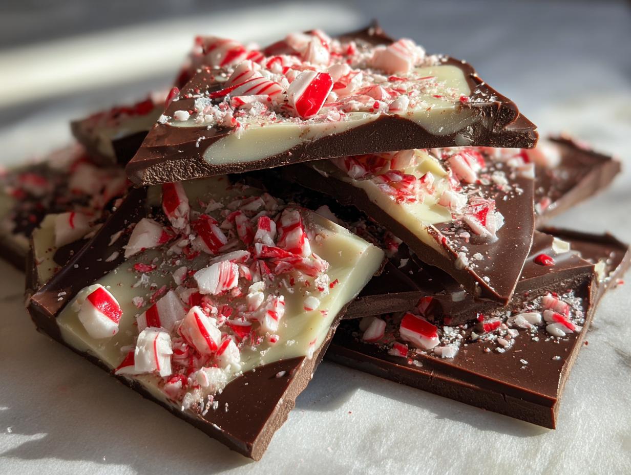 Stack of broken pieces of dark and white chocolate peppermint bark recipe topped with crushed candy canes.