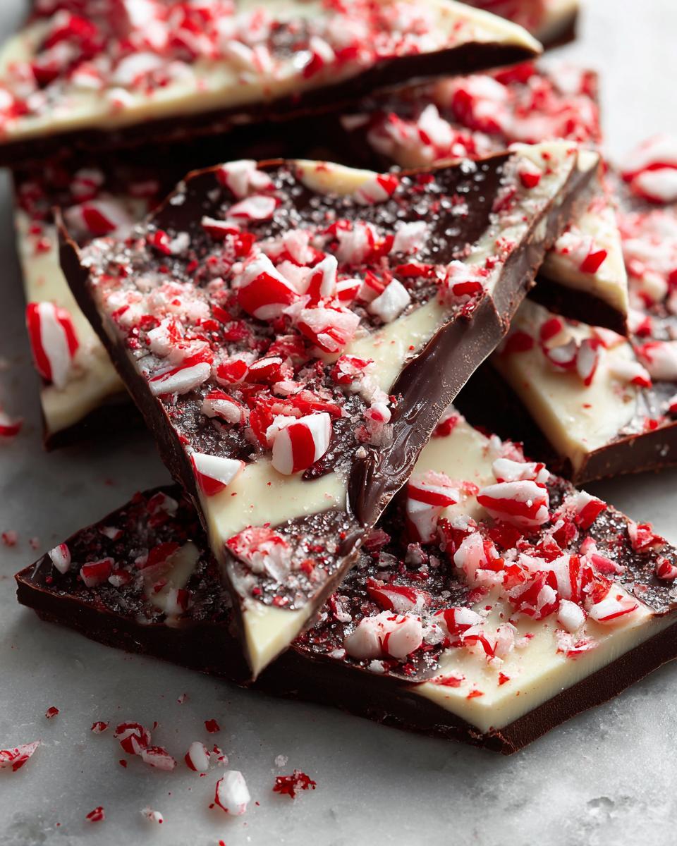 Close-up of triangular pieces of peppermint bark recipe showing dark chocolate, white chocolate swirls, and crushed candy canes.