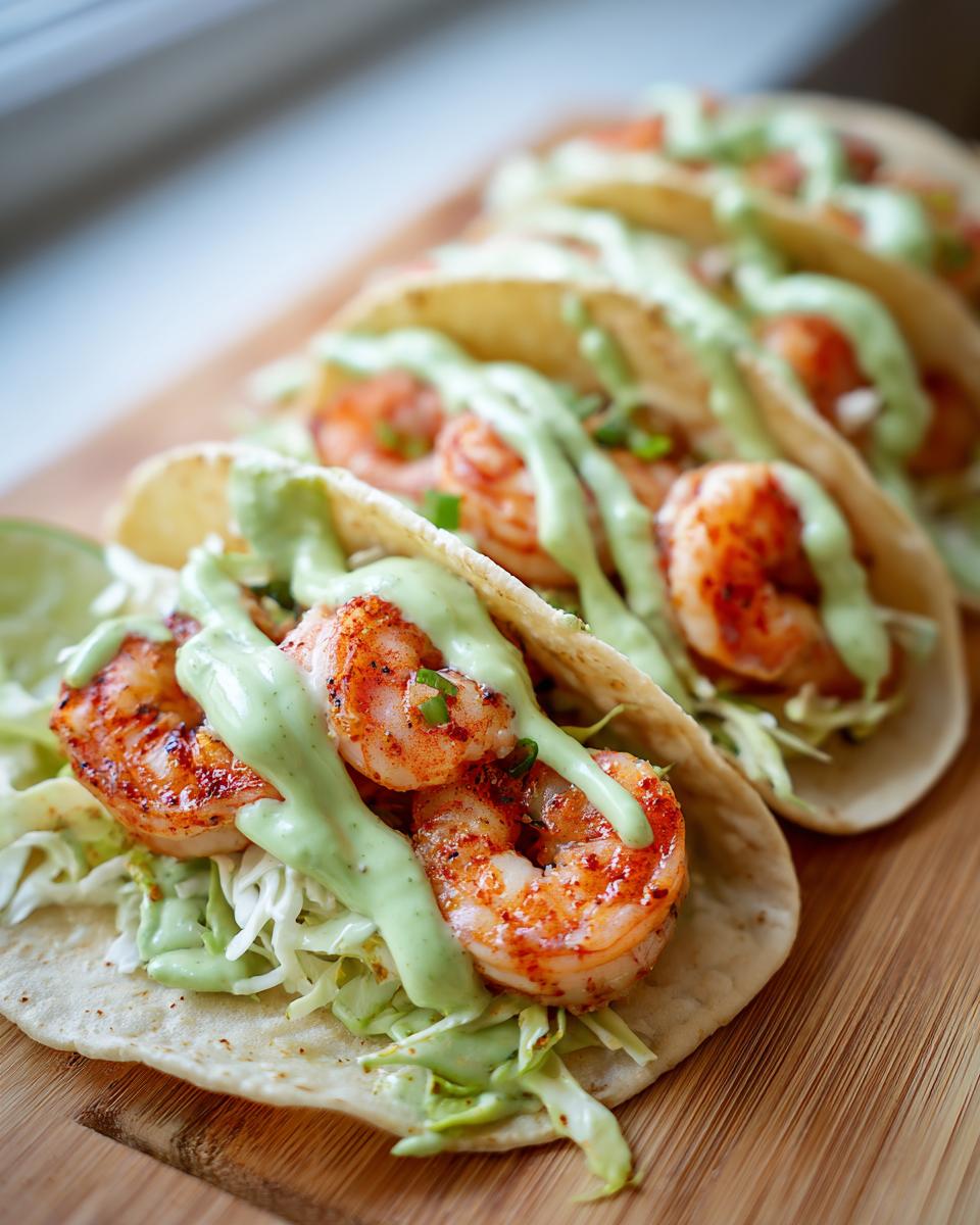 Close-up of several delicious shrimp taco shells filled with seasoned shrimp, shredded cabbage, and drizzled with green sauce.