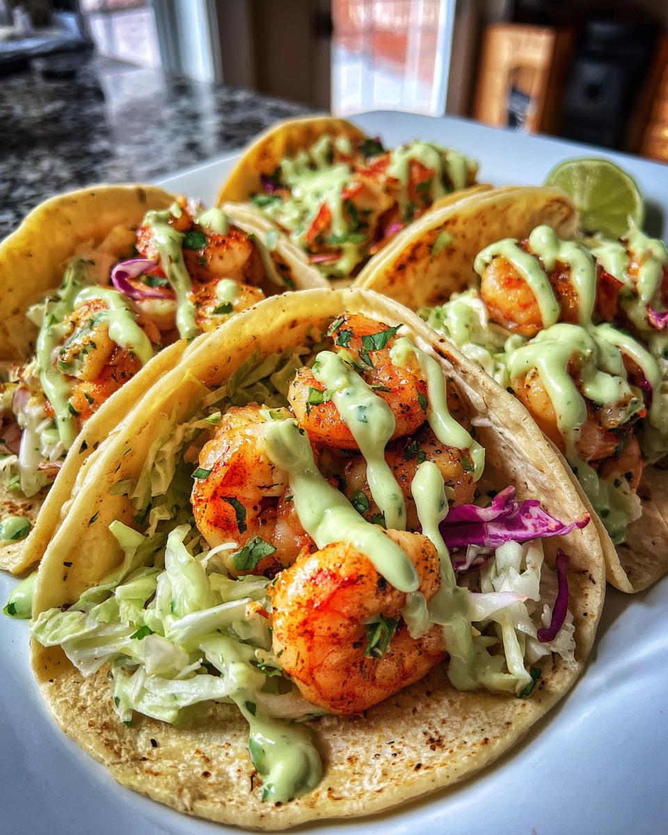 Close-up of several delicious shrimp taco shells filled with seasoned shrimp, slaw, and drizzled generously with a creamy green sauce.
