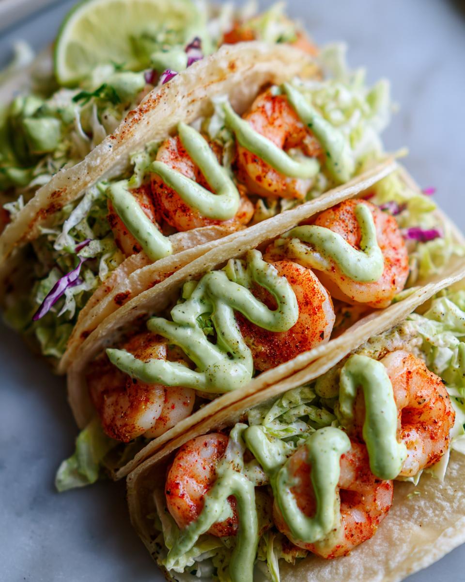 Close-up of three delicious shrimp taco shells filled with seasoned shrimp, shredded cabbage, and drizzled with green avocado crema.