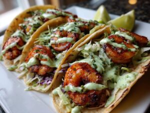 Close-up of three grilled shrimp taco shells filled with slaw, seasoned shrimp, and drizzled with green crema.