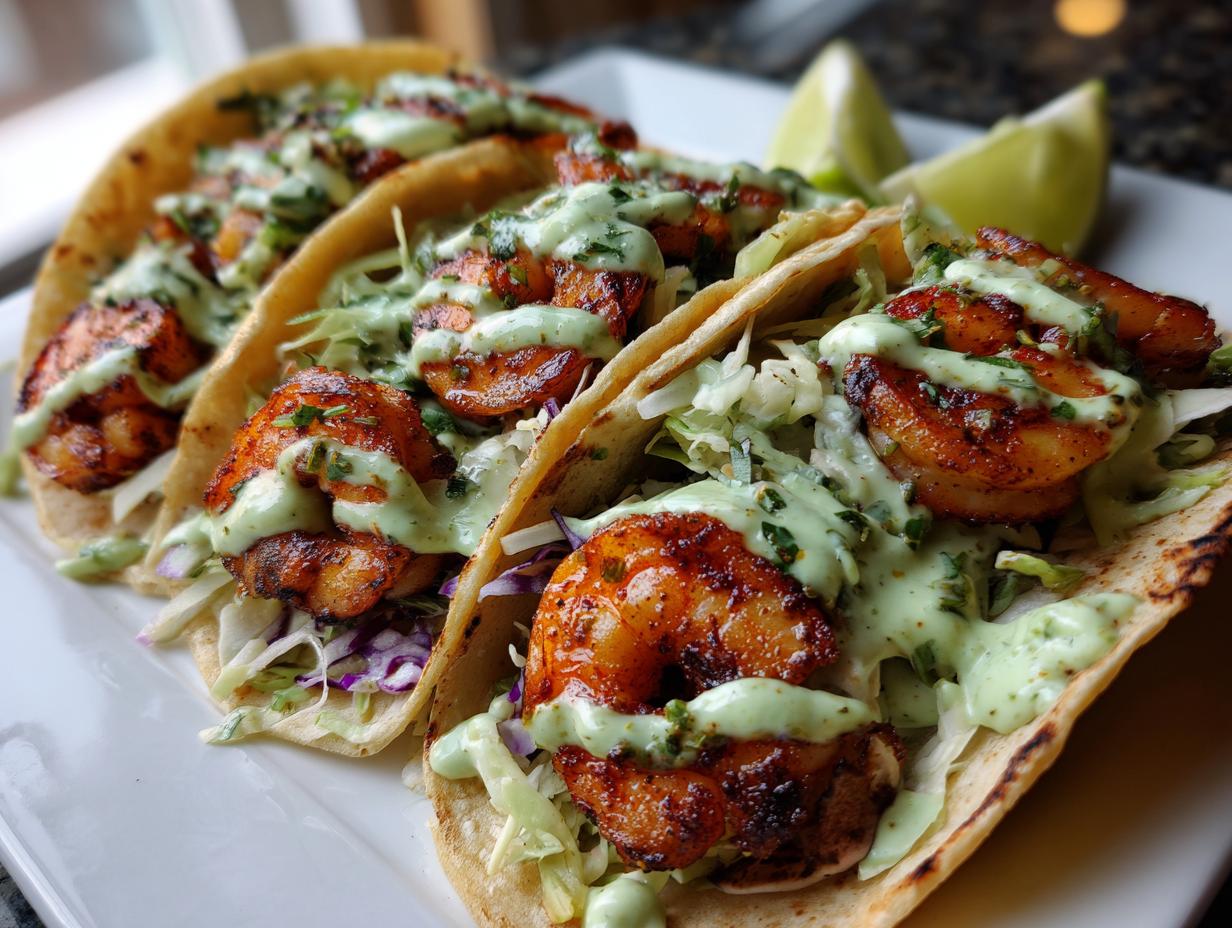 Close-up of three grilled shrimp taco shells filled with slaw, seasoned shrimp, and drizzled with green crema.