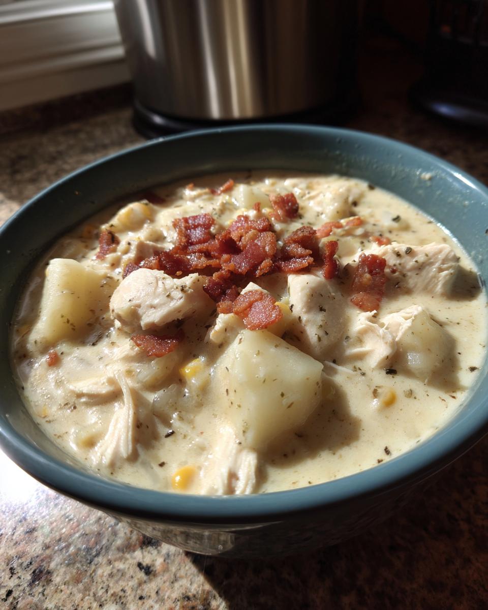 Close-up of a creamy bowl of chicken corn chowder topped with crumbled bacon and chunks of potato.