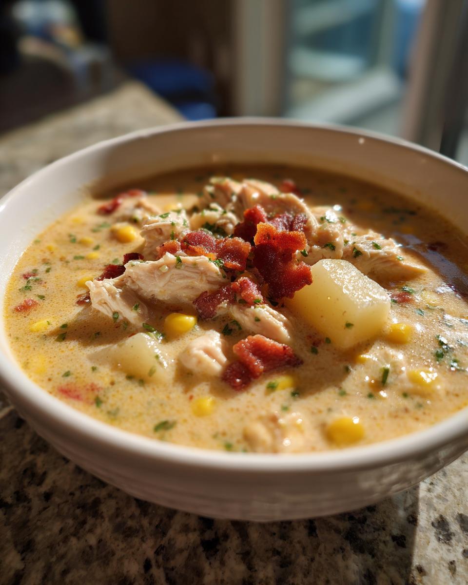 Close-up of a creamy bowl of chicken corn chowder topped with shredded chicken, bacon, and potatoes.
