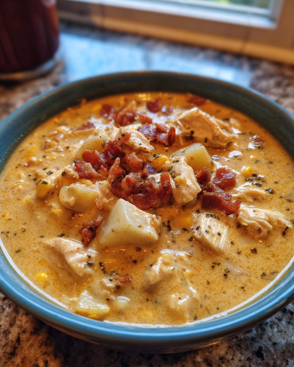 Close-up of a creamy bowl of chicken corn chowder topped generously with bacon bits and herbs.