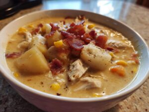 A close-up of a creamy bowl of chicken corn chowder topped generously with bacon bits, potatoes, and corn.