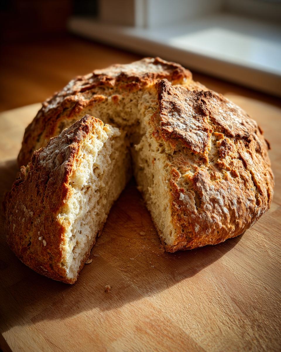 A round loaf of golden brown soda bread, cut into quarters, resting on a wooden cutting board.