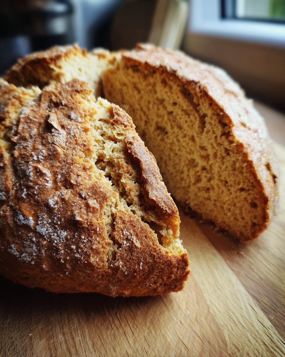 A close-up of a rustic loaf of soda bread, cut open to show the crumb texture on a wooden board.