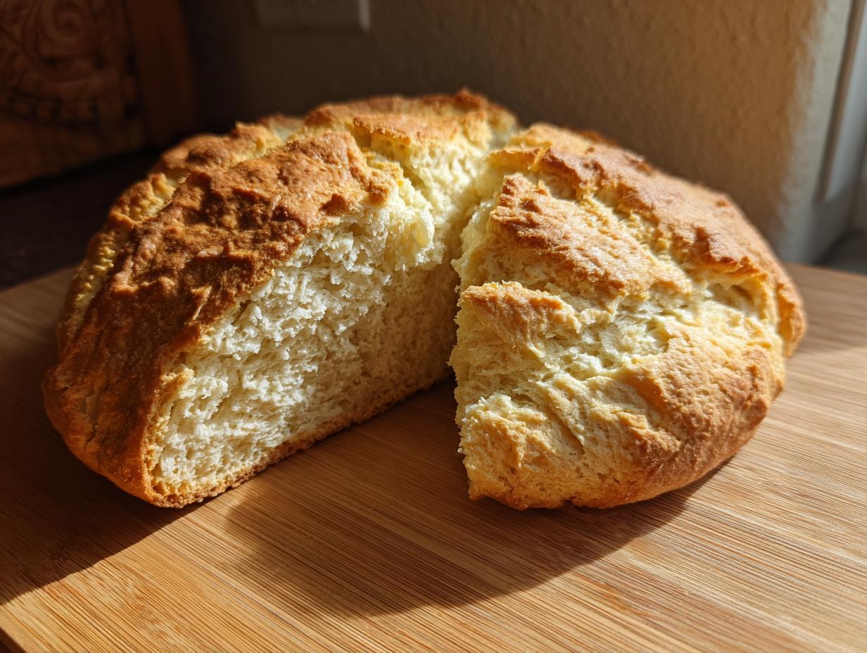 A freshly baked round of soda bread, cut open to show the soft interior, resting on a wooden cutting board.