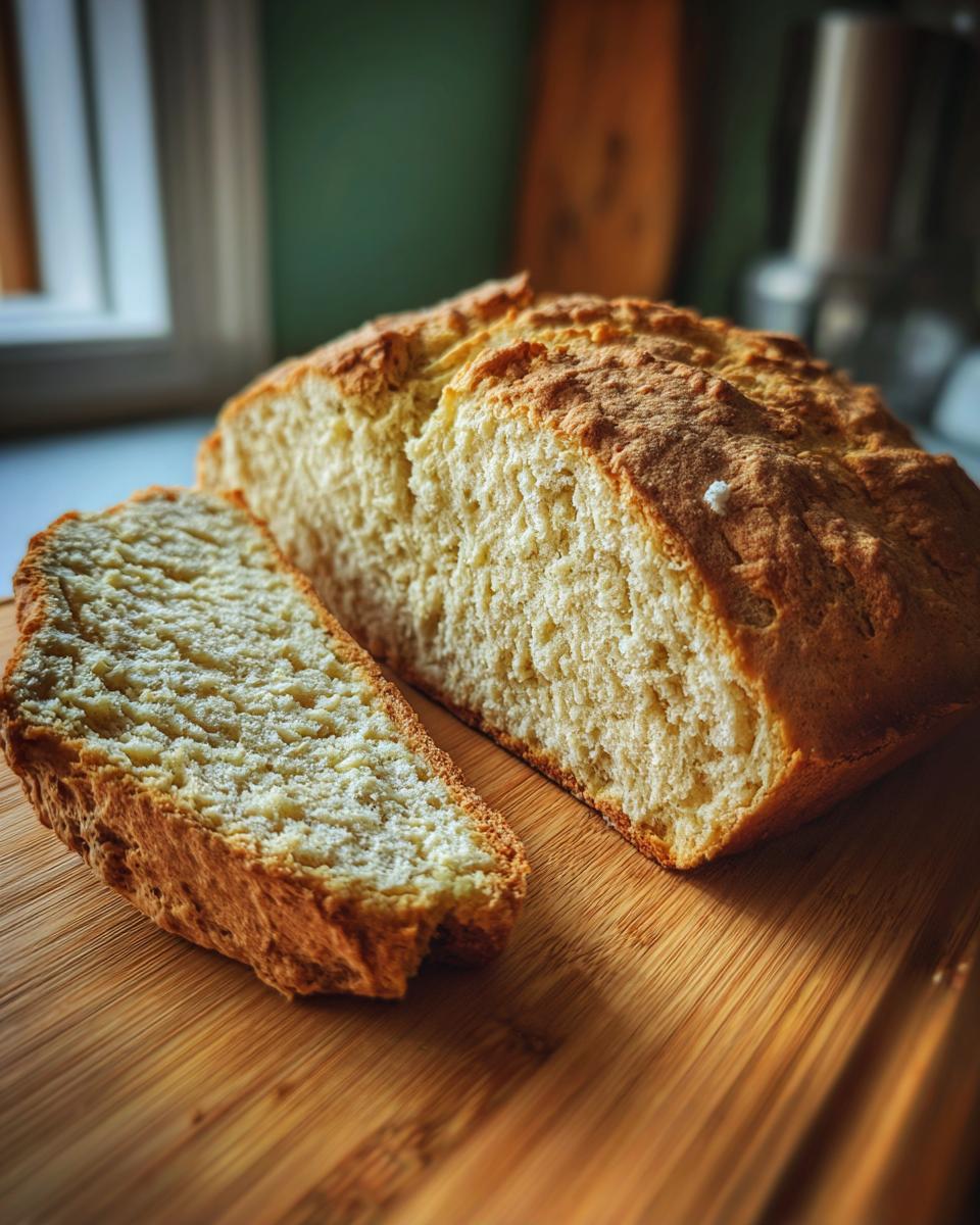 A golden-brown loaf of homemade soda bread, partially sliced on a wooden cutting board.