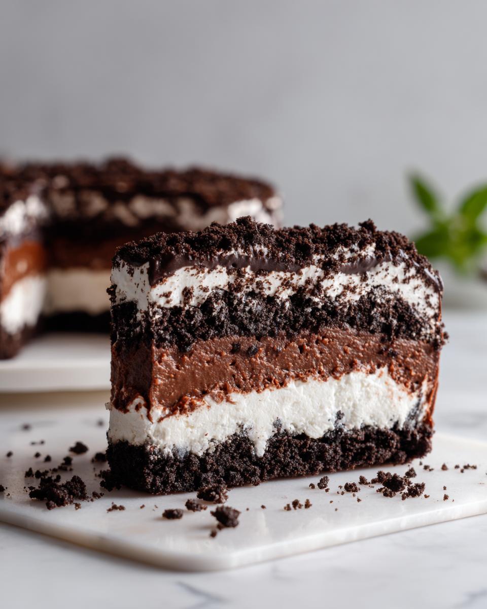 A thick slice of 4-layer dirt cake showing distinct layers of chocolate pudding, cream, and crushed Oreo crumbs.