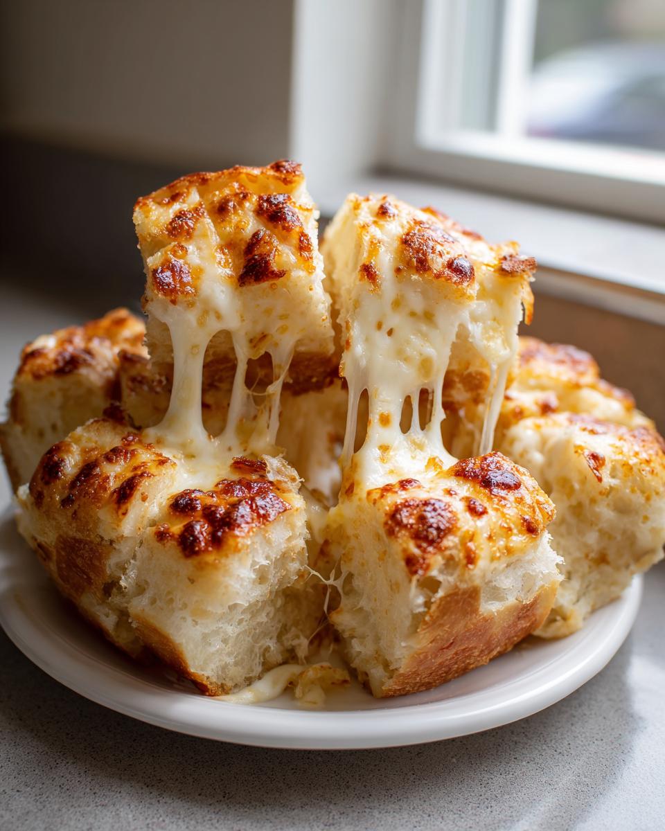 Close-up of pull-apart pieces of hot cheese bread showing extreme cheese pull.