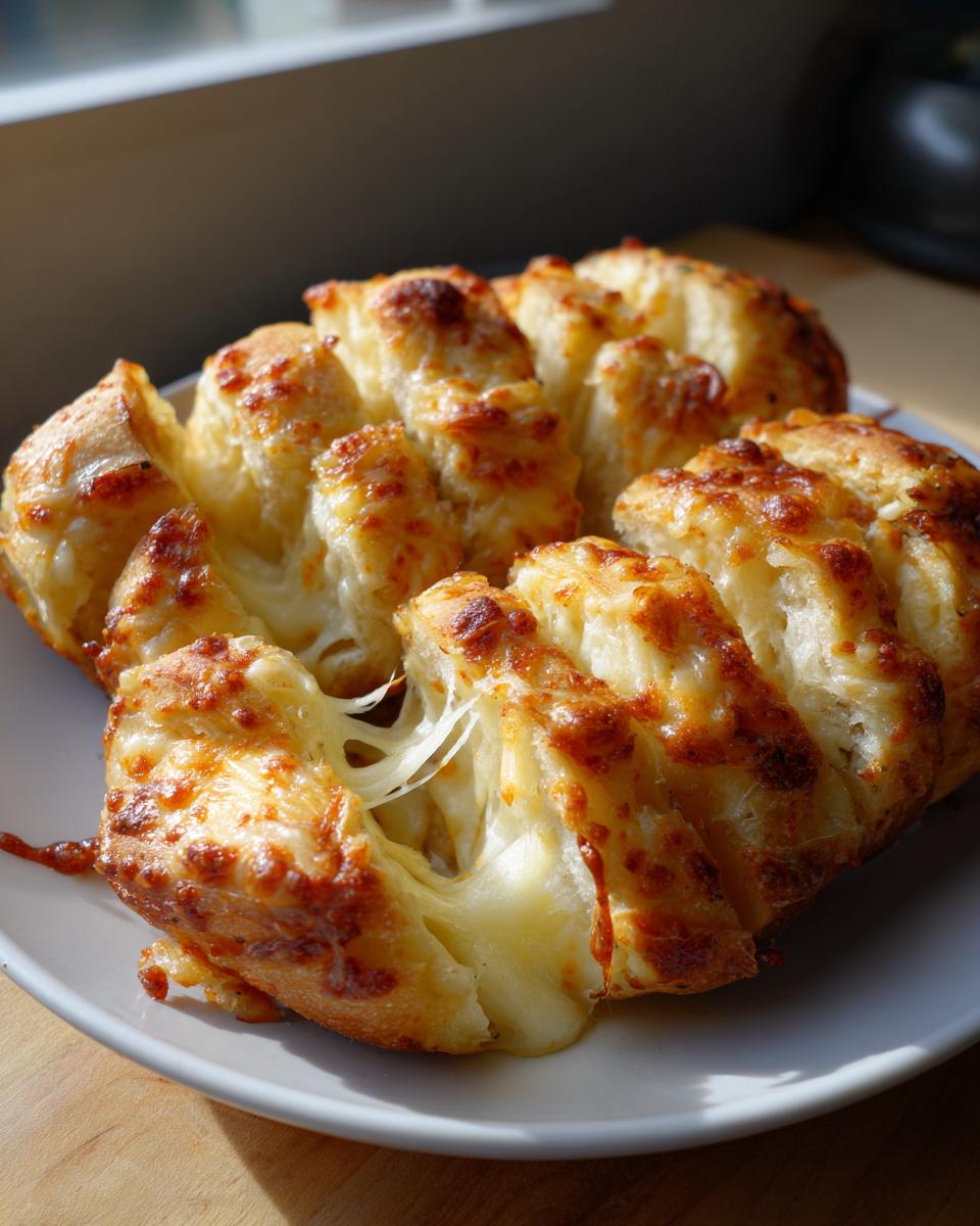 Close-up of freshly baked cheese bread showing extreme cheese pull between the scored sections.