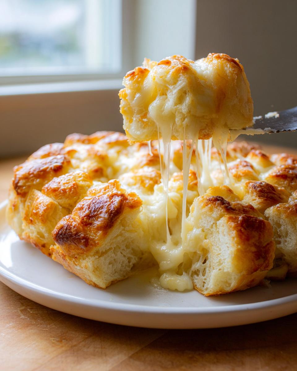 A piece of golden baked cheese bread being pulled away, showing long, gooey strings of melted cheese.