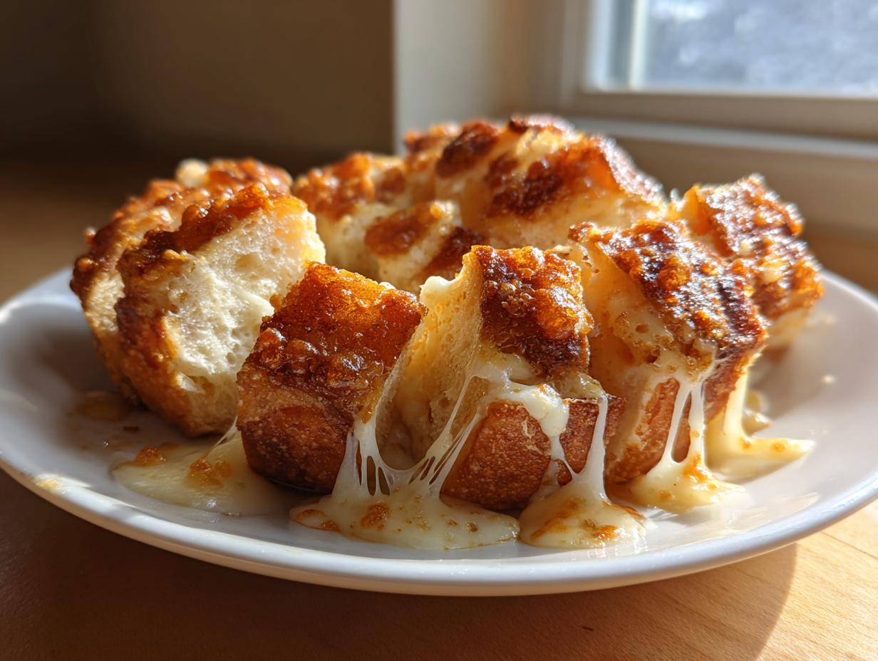 Close-up of warm, pull-apart cheese bread with melted cheese stretching between the pieces.