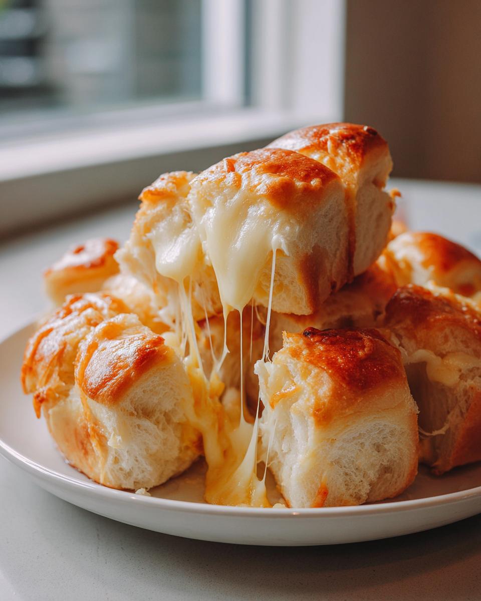 Close-up of pull-apart cheese bread rolls with incredibly stretchy, melted cheese pulling apart.