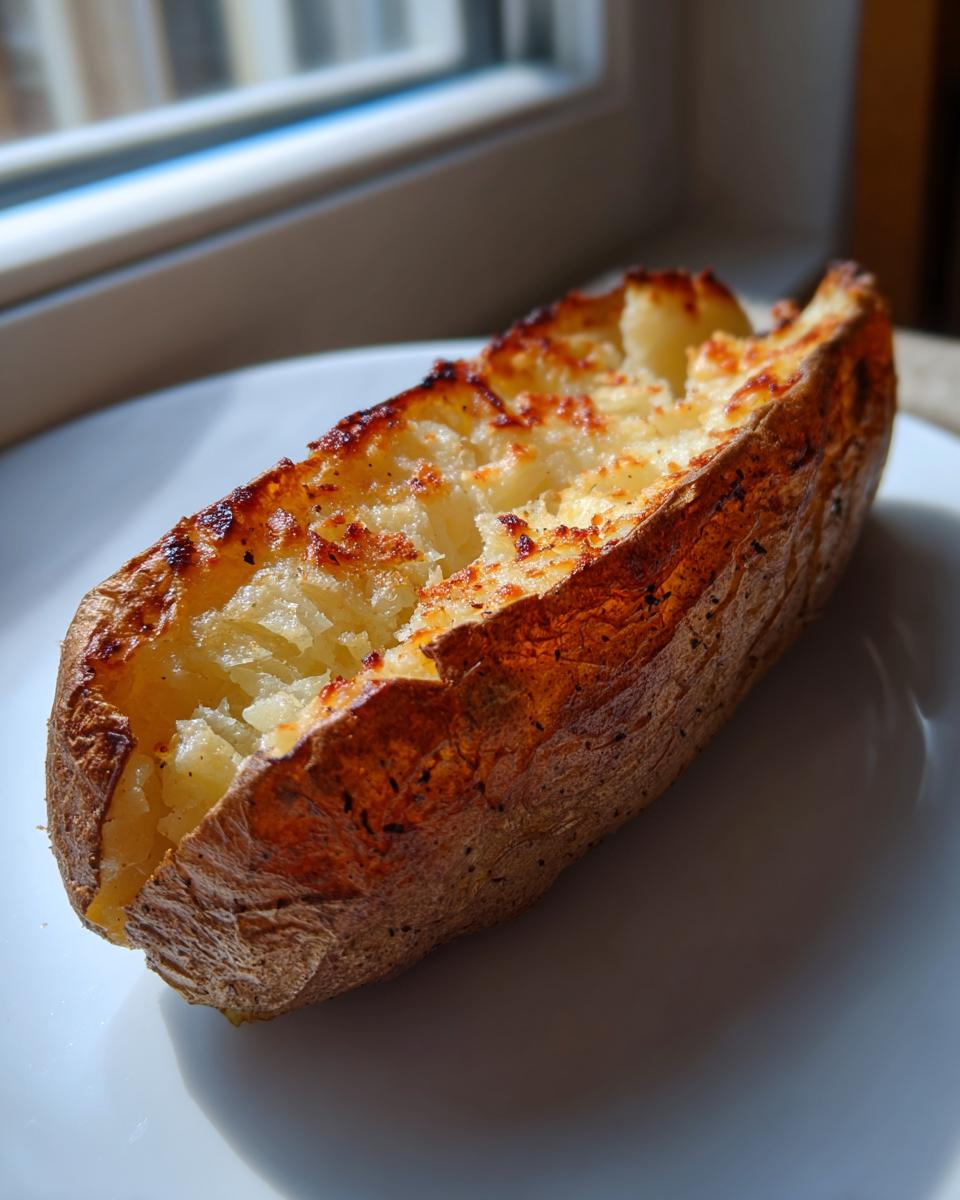 A perfectly cooked air fryer baked potato, split open to show fluffy interior and crispy, seasoned skin.