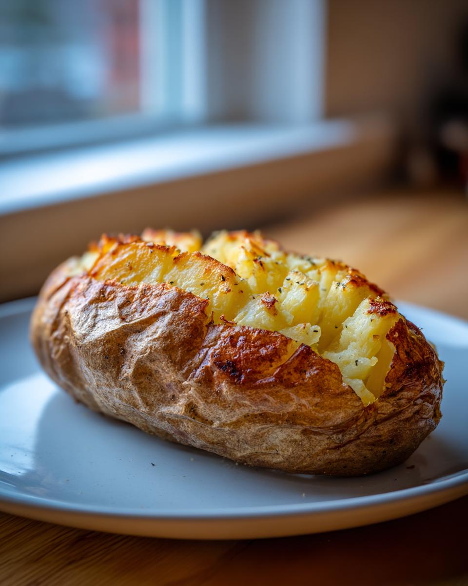 A perfectly cooked air fryer baked potato, split open to show fluffy interior and seasoned skin.