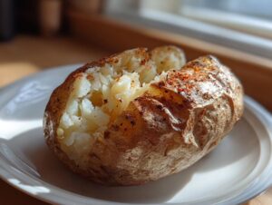 A perfectly cooked air fryer baked potato, split open to show fluffy white interior and crispy, seasoned skin.